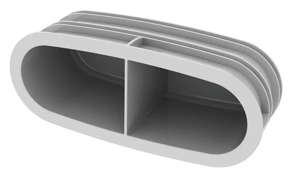 Vaillant Blinddeckel Anschlussstutzen für Niedrigbau-Luftverteiler in ovaler Form, mit zwei Fächern zur sicheren Abdeckung und Luftverteilung, auf weißem Hintergrund.